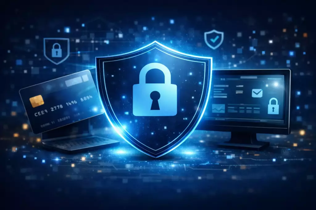 Cybersecurity illustration with shield, lock, payment card and monitor