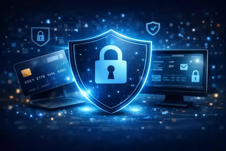 Cybersecurity illustration with shield, lock, payment card and monitor