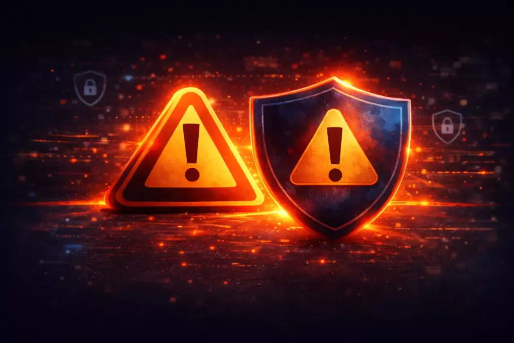 Warning triangle and shield in cyber style representing PCI DSS mistakes