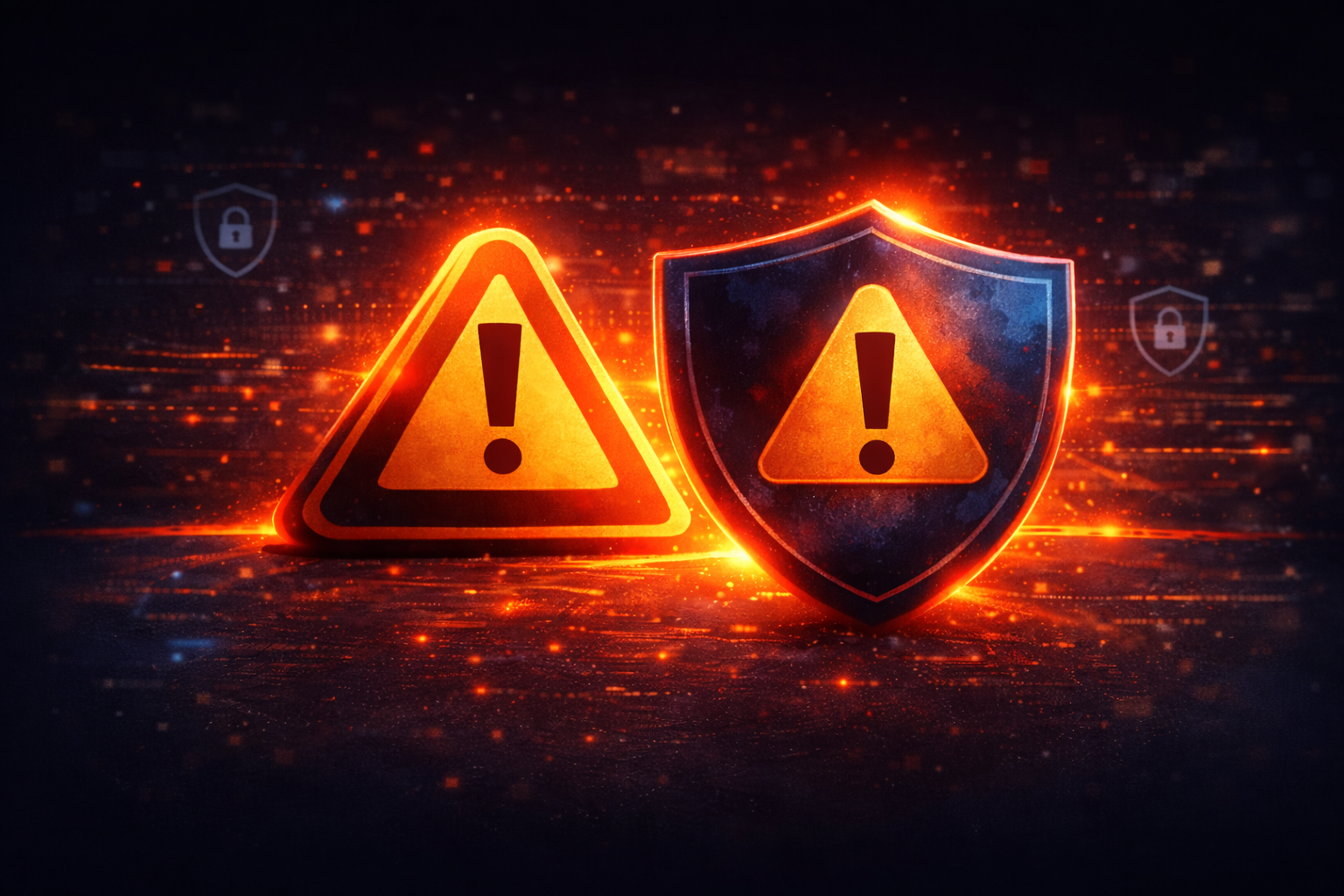 Warning triangle and shield in cyber style representing PCI DSS mistakes