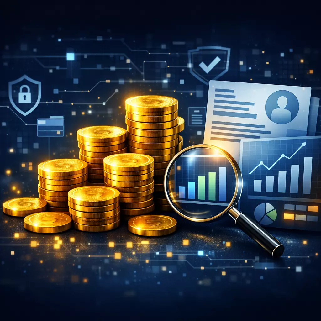 PCI DSS cost illustration with coins, charts and cybersecurity elements
