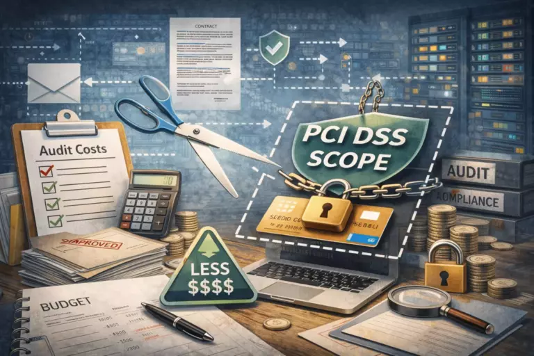 Illustration of reducing PCI DSS scope and audit cost with scissors, protected payment cards, budget papers and compliance-themed elements