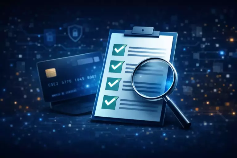 Cybersecurity illustration with clipboard checklist and magnifying glass