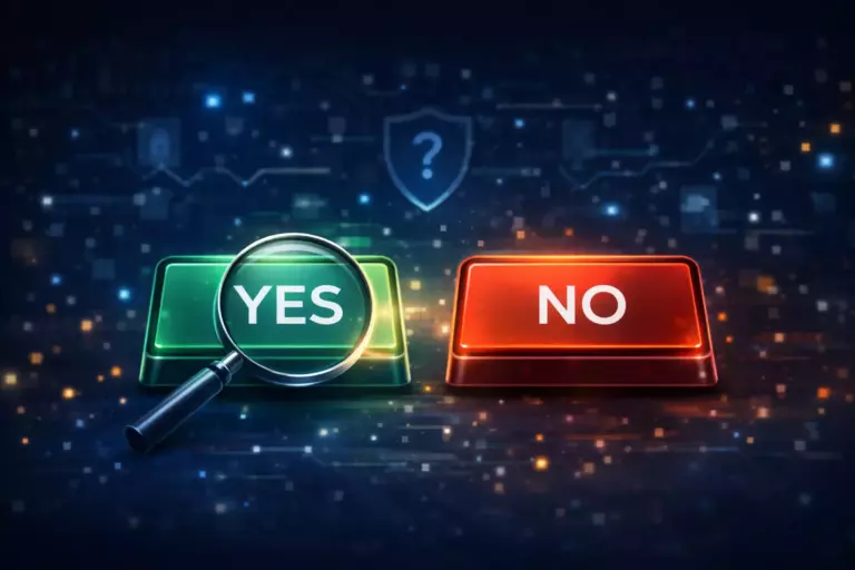Cybersecurity illustration with YES and NO buttons